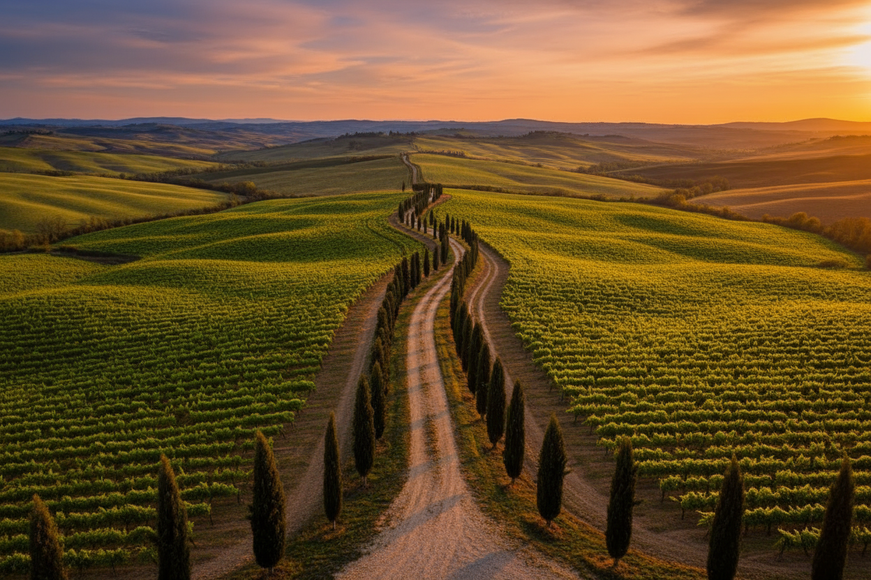 Winding road through rolling hills with cypress trees at sunset.